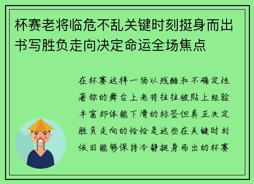 杯赛老将临危不乱关键时刻挺身而出书写胜负走向决定命运全场焦点 杯赛老将临危不乱关键时刻挺身而出书写胜负走向决定命运全场焦点