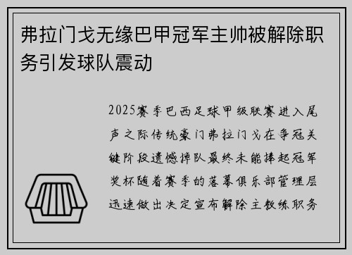 弗拉门戈无缘巴甲冠军主帅被解除职务引发球队震动